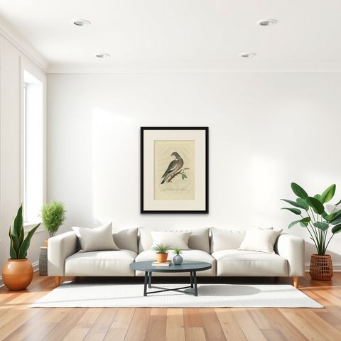 Antique Bird Print of the Common Wood Pigeon by Sepp & Nozeman, 1770, shown framed in a room