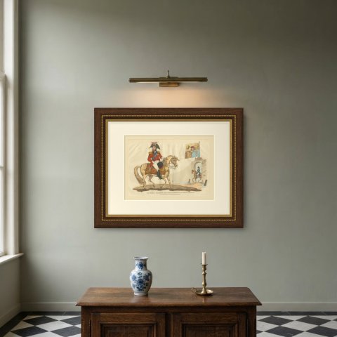 The Prince Regent on a Leopard Skin Saddlecloth with the Royal Standard, 1815, shown framed on a wall