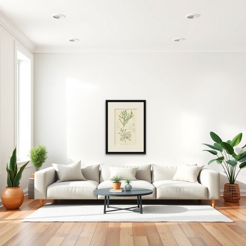 Antique Botany Print of Dacrydium Elatum and a Podocarpus Species, shown framed in a room
