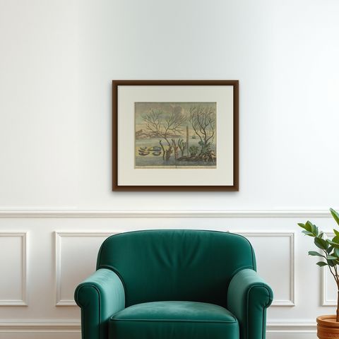 Colored Antique Print of various Water Plants including Coral in Southeast Asia, shown framed on a wall