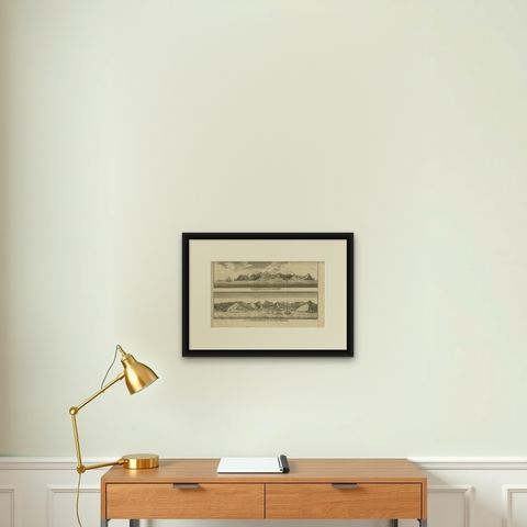 Antique Print of Cumberland Bay and Juan Fernandez Island by Anson, 1749, shown framed on a wall