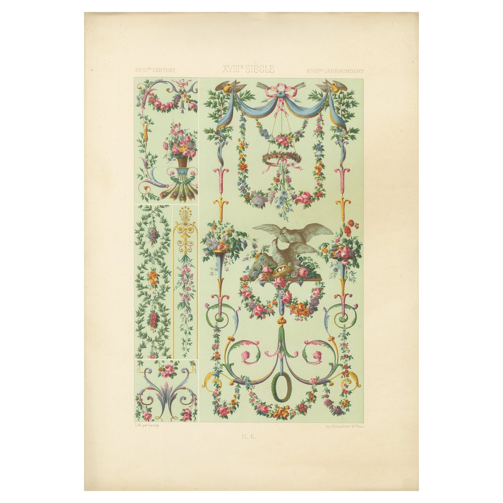 Rococo Floral Garland Design, 18th-Century French Ornament with Doves, 1869