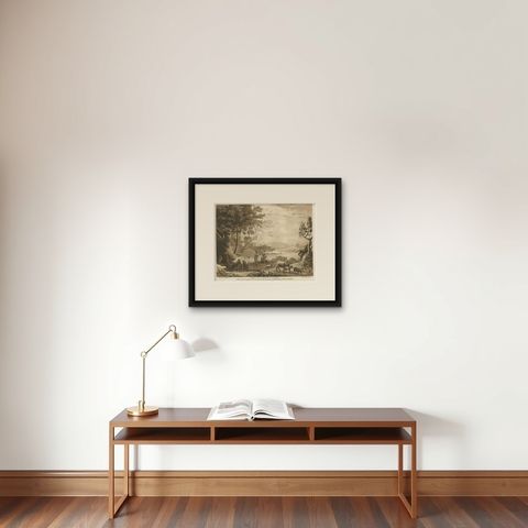 Rare Antique Print of a Landscape with Cattle, 1774, shown framed on a wall