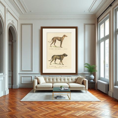 Antique Hand Colored Print of a Greyhound and English Greyhound Dog, 1824, shown framed in a room