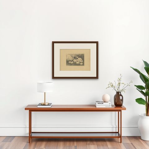 English Spot Rabbits, Wildlife Lithograph by Henri Verstijnen, c.1925, shown framed on a wall
