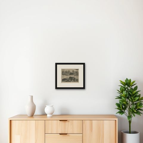 Antique Print of an Elephant, Tapir and Other Animals, C.1855, shown framed on a wall