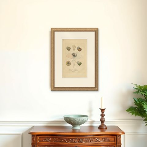 Shell Spectacular: A Collection of Mollusk Shells Engraved and Handcolored, 1845, shown framed on a wall