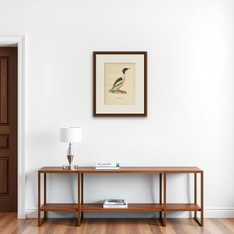 Antique Bird Print of the Common Merganser by Von Wright '1929', shown framed on a wall