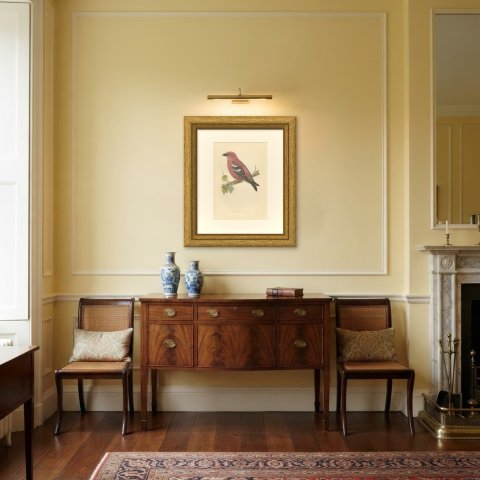 Two Barred Crossbill on a Leafy Branch, Morris Bird Plate, 1896, shown framed in a room