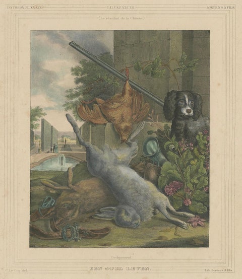 1835 Hand-Colored Lithograph: Hunting Still Life with Game and Dog, close-up 1