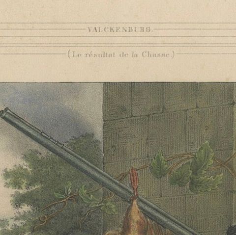 1835 Hand-Colored Lithograph: Hunting Still Life with Game and Dog, close-up 5