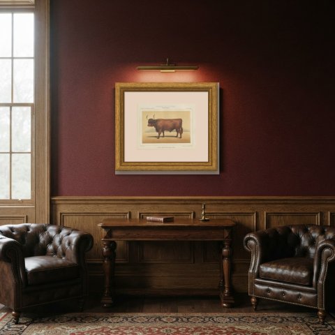 West Highland Ox, Scottish Cattle Chromolithograph by Olivier de Penne, 1863, shown framed in a room