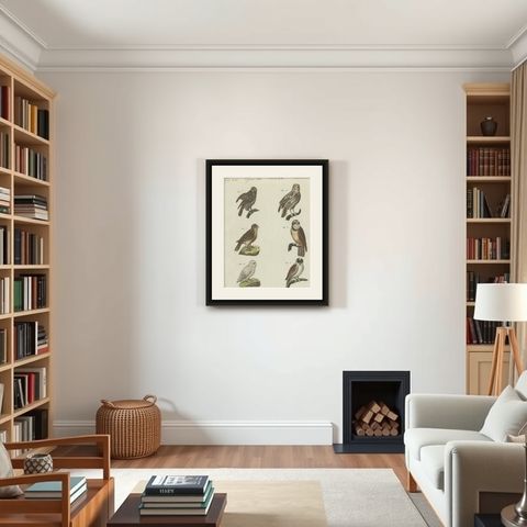 Antique Print of various Owls including the Little Owl, shown framed in a room