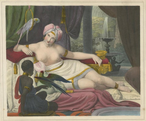 Orientalist Lithograph of Reclining Woman with Parrots, Ulrika, c.1840, Berlin, close-up 2