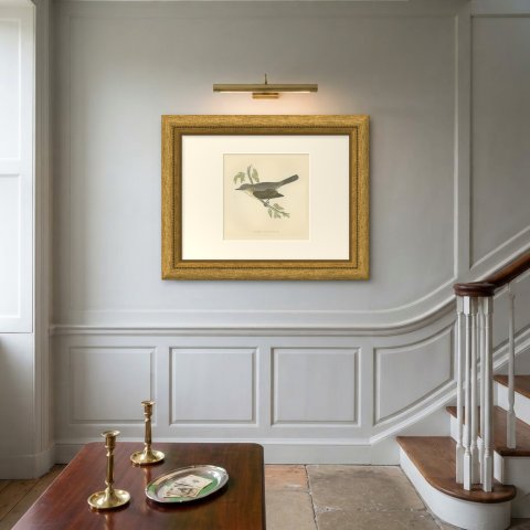 Lesser Whitethroat on a Slender Branch, Antique Morris Bird Print, 1896, shown framed on a wall