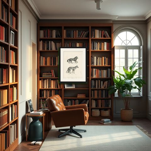 Antique Print of Wolves by Schinz, 'c.1830', shown framed in a room