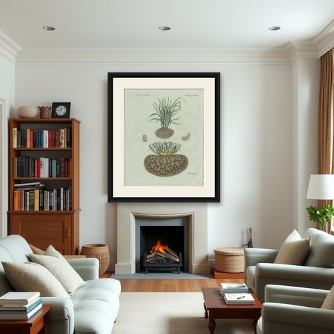 Original Antique Botanical Print of Tiger Nut by Bertuch, 1800, shown framed in a room