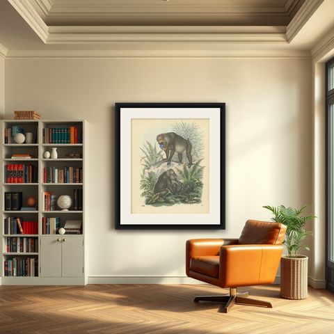 Antique Print of Baboons, the World's Largest Monkeys, 1859, shown framed in a room