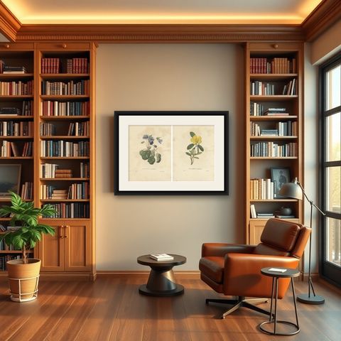 Set of 2 Antique Botanical Prints of Hibbertia Scandens and Sinningia Speciosa, shown framed in a room