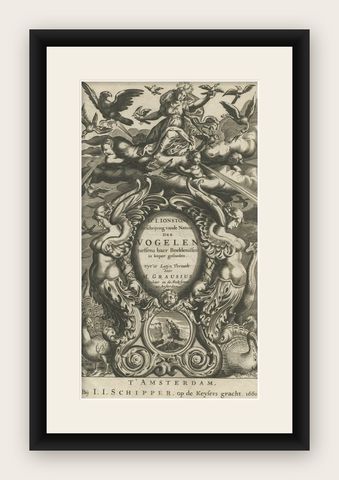 Antique Decorative Frontispiece of Putti and Birds, 1660, shown framed