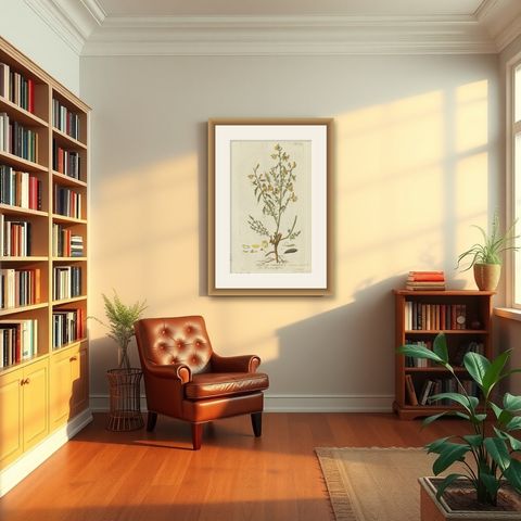 Scotch Broom Botanical Engraving - Icones Plantarum Medicinalium, 1788, shown framed in a room