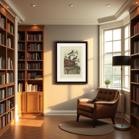 Antique Bird Print of House Sparrows by Sepp & Nozeman, 1770, shown framed in a room