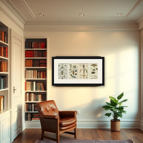 Captivating Natural History Prints: Insects, Life Cycles and Rare Details, 1832, shown framed in a room