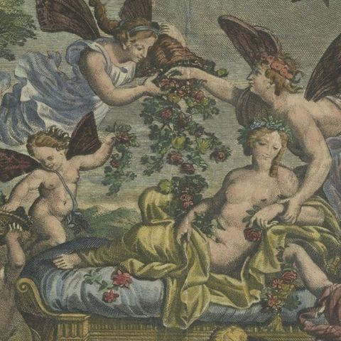 Rare Hand-Colored Antique Engraving of Flora Lying on a Bed Surrounded by Angels, close-up 5