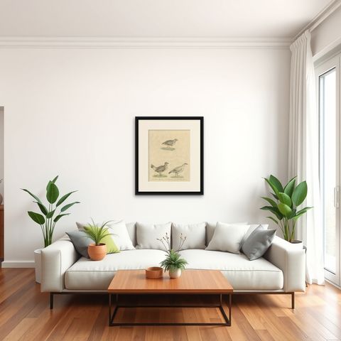 Antique Game Birds Lithograph by Karl Joseph Brodtmann, 1816, shown framed in a room
