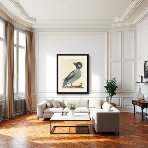 Hand-Colored Engraving of the Little Duck with a Purple Head by Seligmann, c1770, shown framed in a room