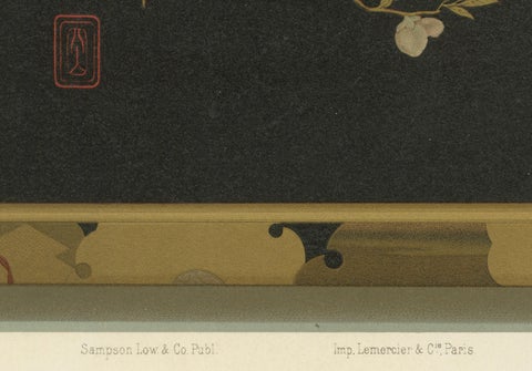 Japanese Bird and Blossom Lacquer Tray: Antique Lithograph, 1880s, close-up 1