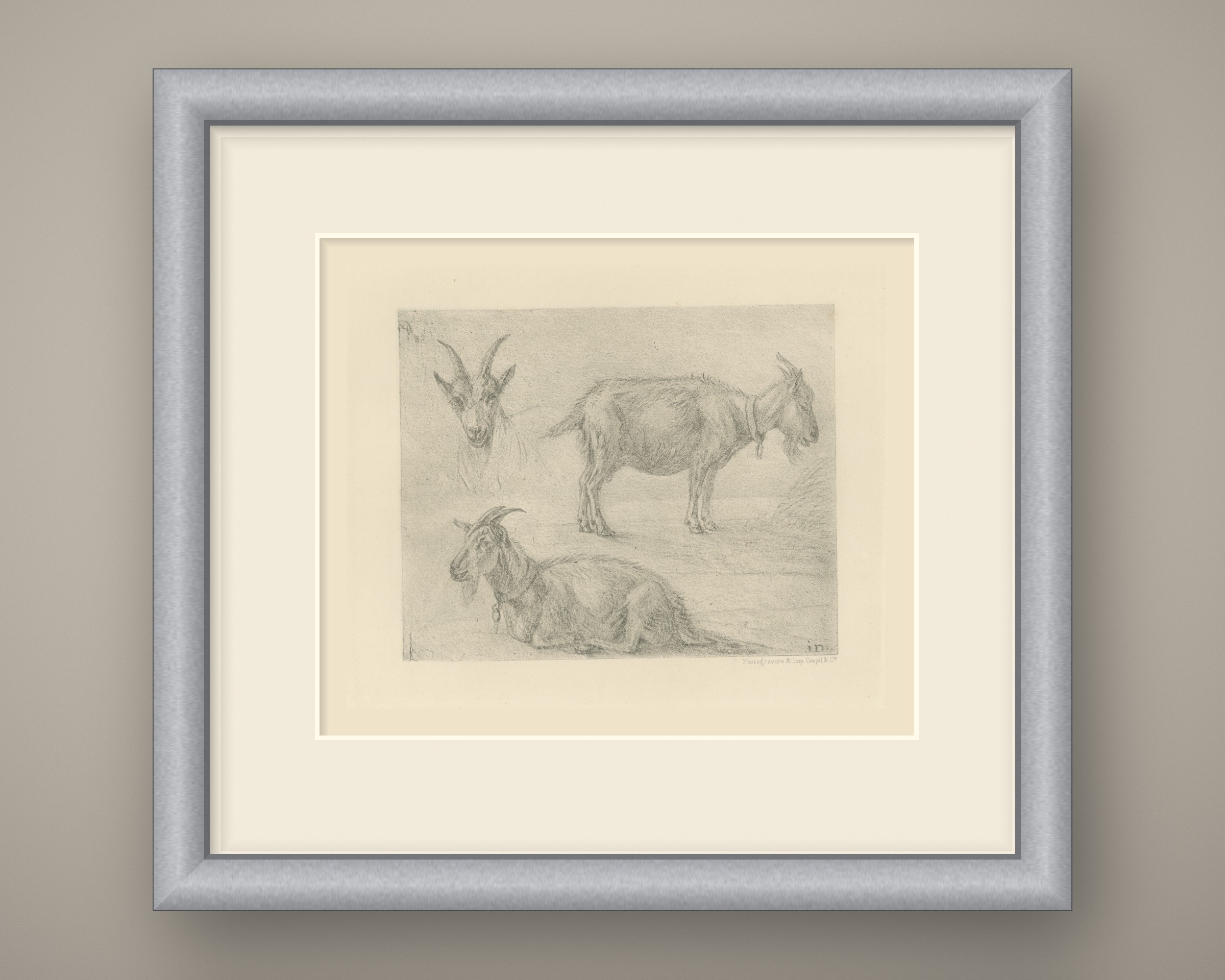 Study of Three Goats, Antique Goupil Photogravure after a Drawing, circa 1880, shown framed