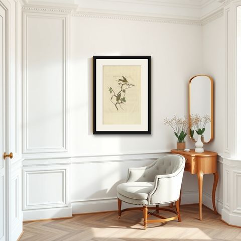 Antique Bird Print of the Goldcrest by Sepp & Nozeman, 1797, shown framed in a room