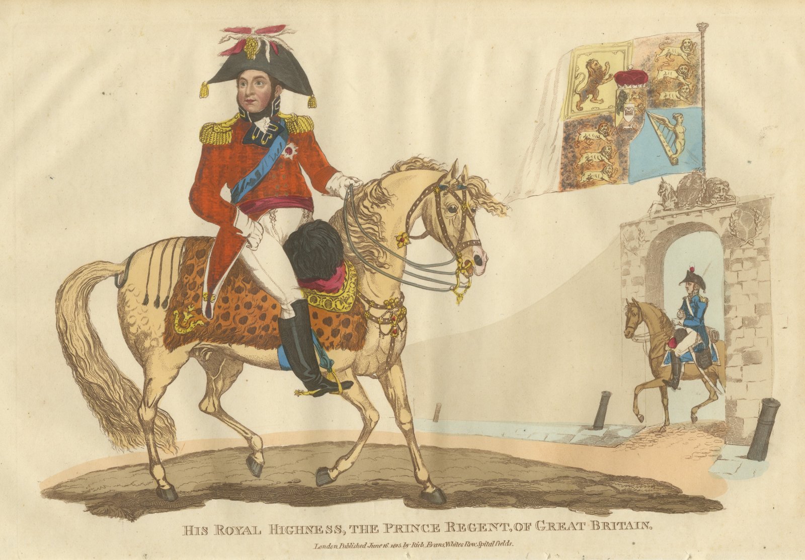 The Prince Regent on a Leopard Skin Saddlecloth with the Royal Standard, 1815