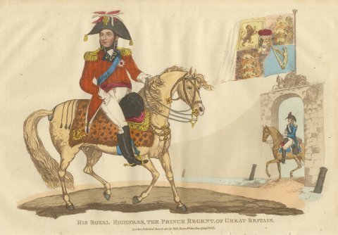 The Prince Regent on a Leopard Skin Saddlecloth with the Royal Standard, 1815