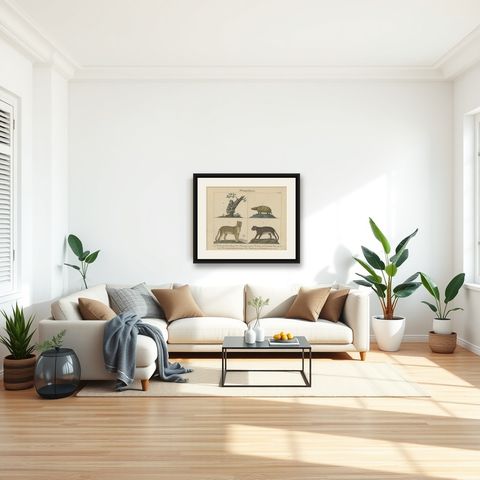 Antique Mammal Print of a Sloth, Armadillo and Leopard, 1831, shown framed in a room