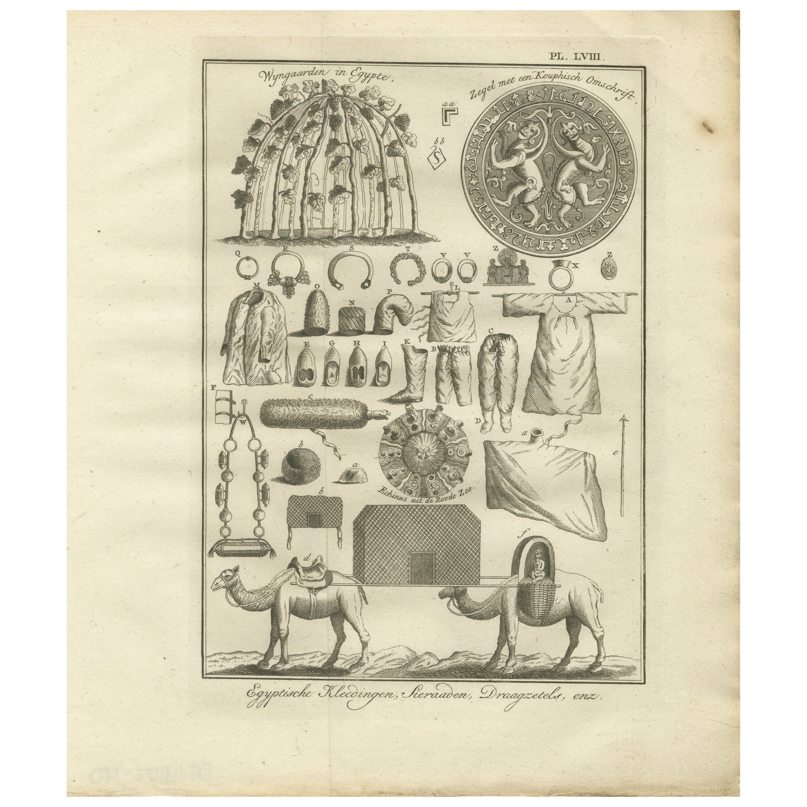 Egyptian Dress, Jewelry & Camel Transport, Antique Print of Egypt, 18th c.