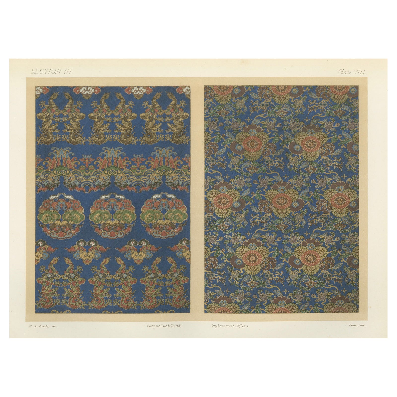 Japanese Chrysanthemum and Cloud Patterns: Antique Lithograph, 1880s