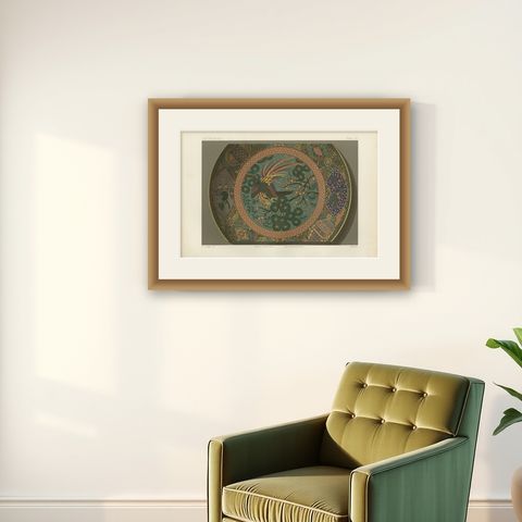 Decorative Plate with Phoenix and Floral Motifs - Japanese Art by Audsley, 1884, shown framed on a wall