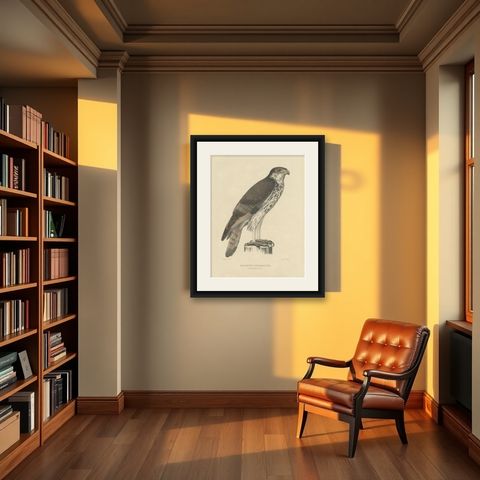 Antique Bird Print of the African Hawk-Eagle, C.1850, shown framed in a room