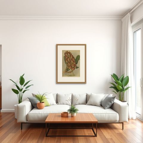 Red and Gold Orchid Print, Odontoglossum Coronarium, Reichenbachia c.1888, shown framed in a room