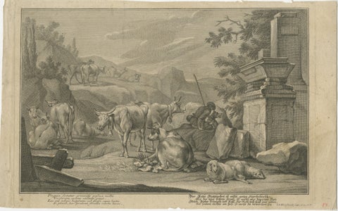 Pastoral Engraving by Johann Jakob Kleinschmidt: Shepherd, Cattle, and Ruins, view 2