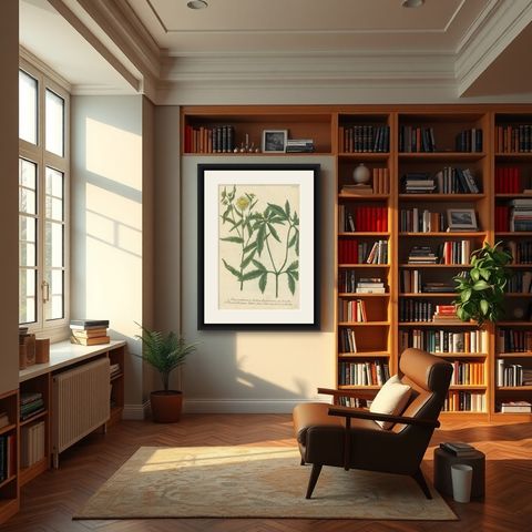 Hand-finished Mezzotint Engraving of two Chrysanthemum species, shown framed in a room