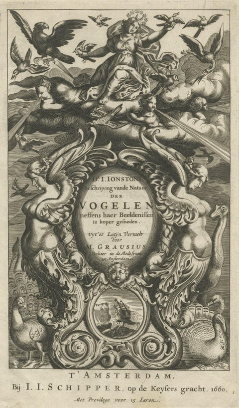 Antique Decorative Frontispiece of Putti and Birds, 1660, close-up 1