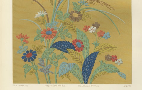Japanese Floral Meadow on Golden Backdrop: Antique Lithograph, 1880s, close-up 3