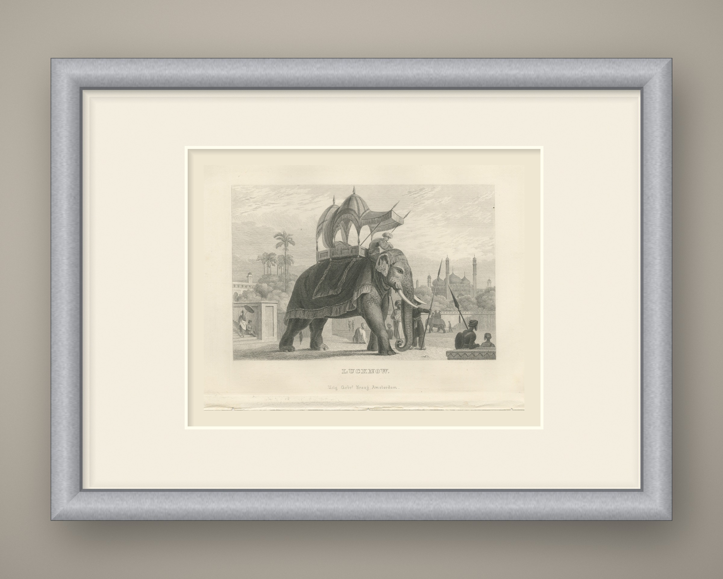 Lucknow, State Elephant with Canopied Howdah, Antique Steel Engraving, 1859, shown framed