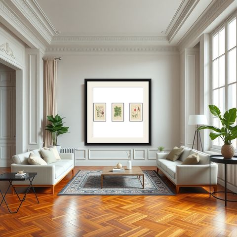 Orchids & Norfolk Pine, Set of 3 Antique Botanical Lithographs 1897, shown framed in a room