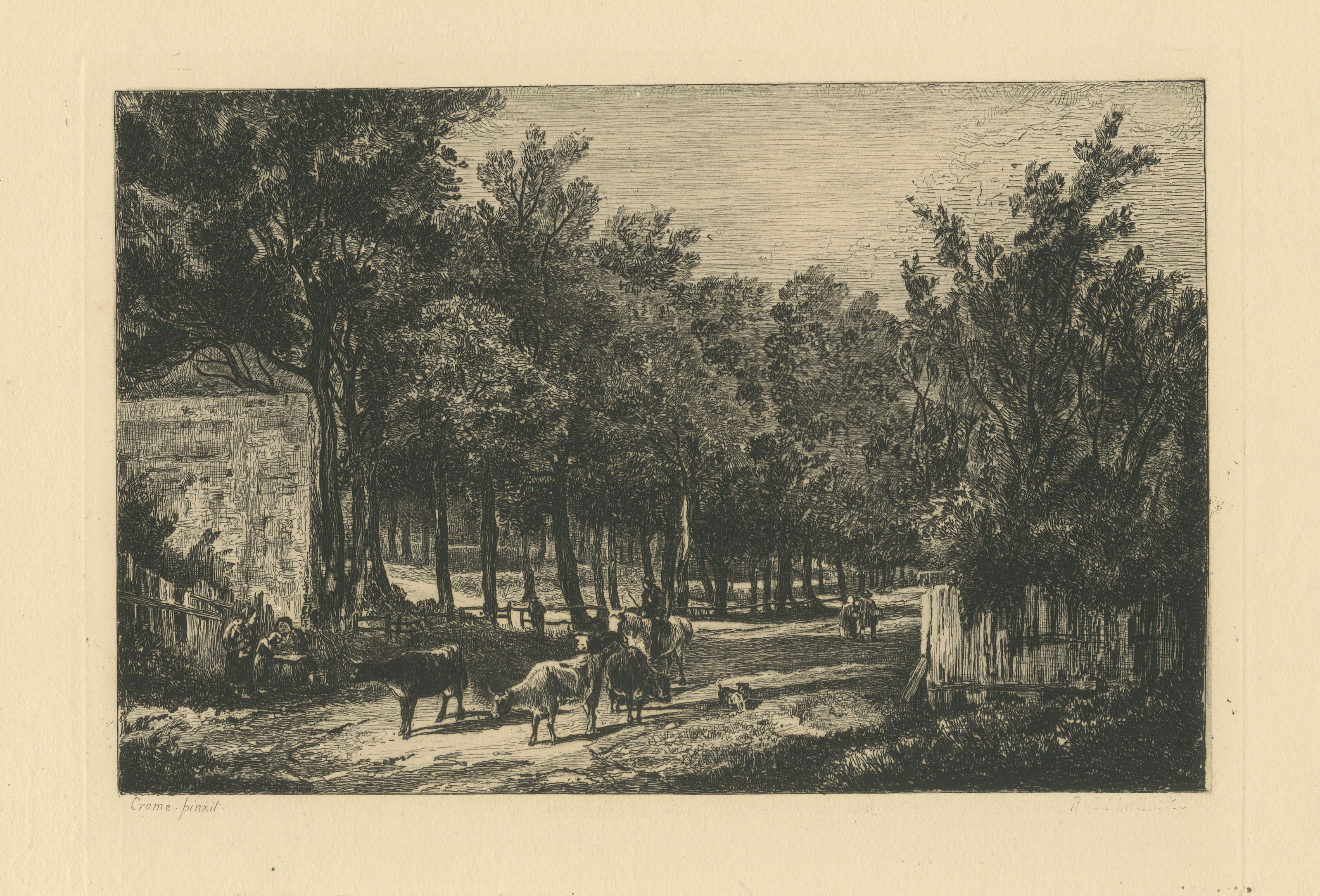 Lane with Cattle after John Crome, Antique Etching by Chattock, circa 1875