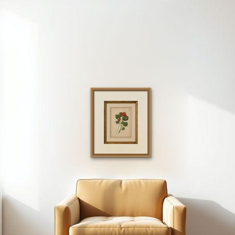Two Stems with Red Flowers, Botanical Watercolor by A.L., 1819, shown framed on a wall