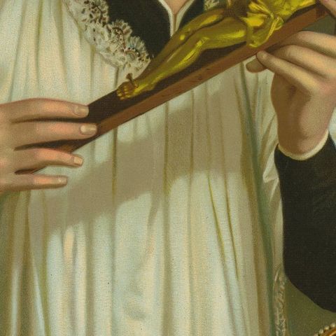 St. Aloysius Gonzaga, Chromolithograph with Crown, Skull and Crucifix, 1899, close-up 5